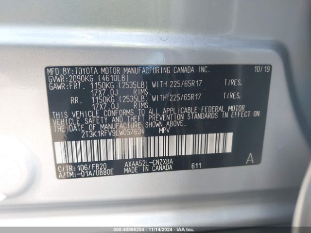 2T3K1RFV9LW057634 Toyota RAV4 LE