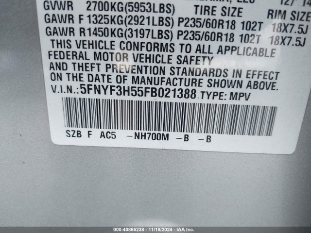 Honda Pilot Ex-l 2015 5FNYF3H55FB021388 Image 9