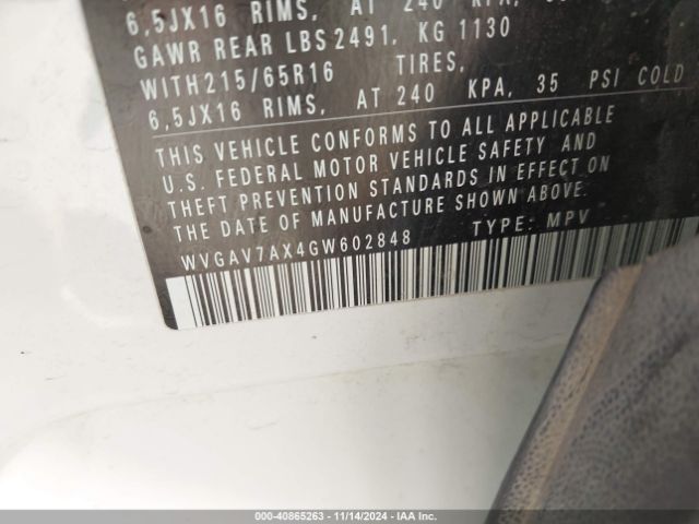 WVGAV7AX4GW602848 Volkswagen TIGUAN S
