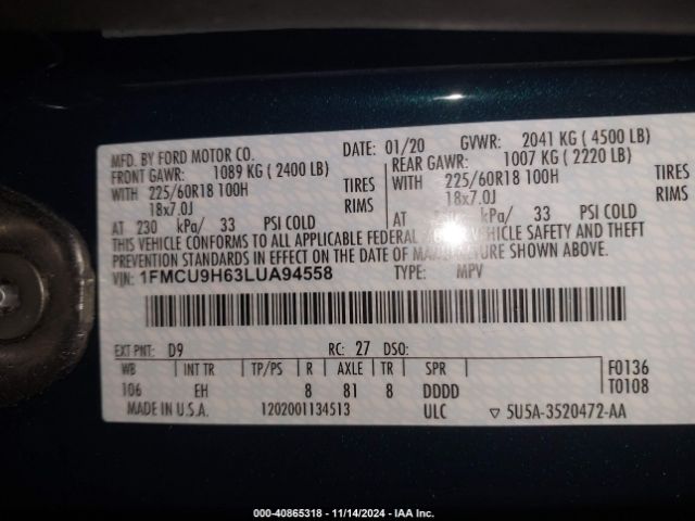 2020 FORD ESCAPE 1FMCU9H63LUA94558 Photo 8