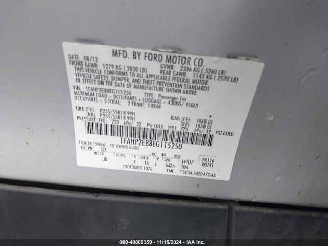Ford TAURUS SEL 2014 1FAHP2E88EG115250 Image 9