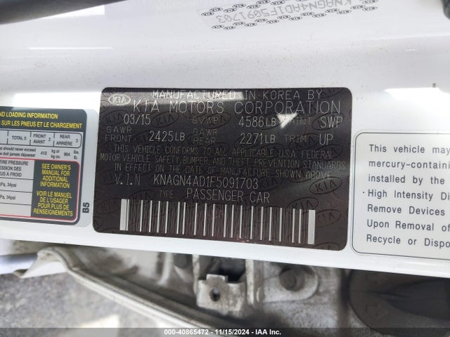 KNAGN4AD1F5091703 KIA Optima Hybrid Ex