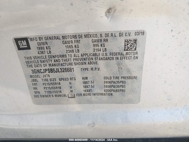 Chevrolet Trax Lt 2018 3GNCJPSB5JL326681 Image 9
