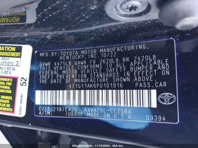 4T1G11AK6PU101916 Toyota CAMRY SE