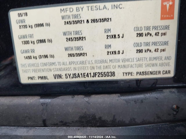 2018 TESLA MODEL S 5YJSA1E41JF255038 Photo 8