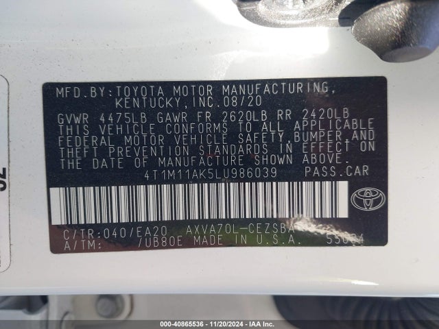 Toyota CAMRY SE 2020 4T1M11AK5LU986039 Image 9