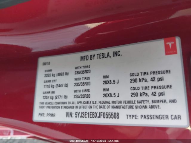 5YJ3E1EBXJF055508 Tesla Model 3 Long Range/performance