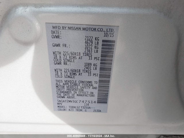 Nissan Rogue Sl 2016 5N1AT2MV3GC747514 Image 9