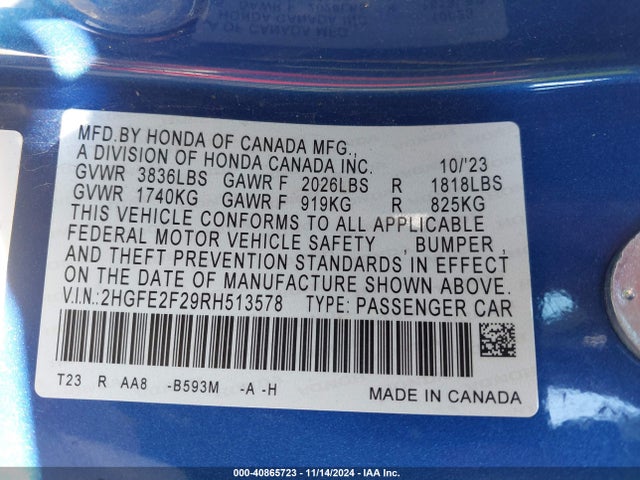 Honda Civic Lx 2024 2HGFE2F29RH513578 Image 9