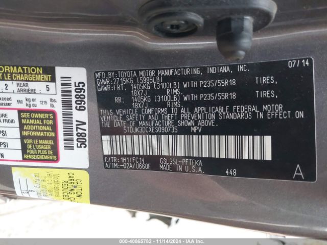 5TDJK3DCXES090735 Toyota Sienna Le 7 Passenger