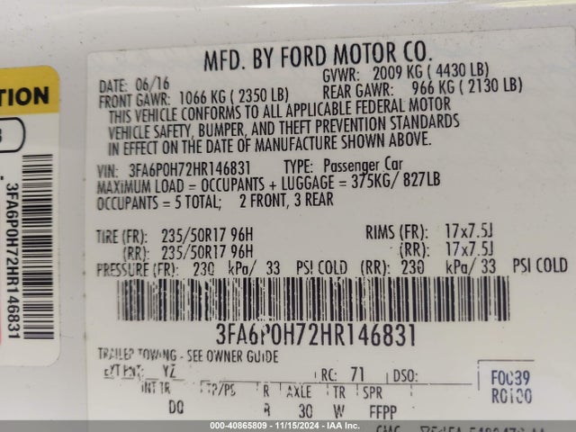 Ford FUSION SE 2017 3FA6P0H72HR146831 Image 9