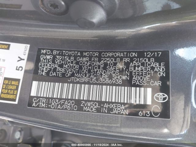 JTDKBRFU5J3586938 Toyota Prius Two