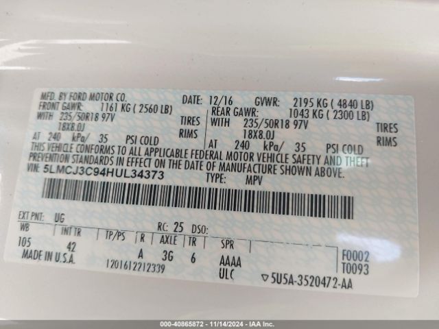 5LMCJ3C94HUL34373 Lincoln Mkc Reserve