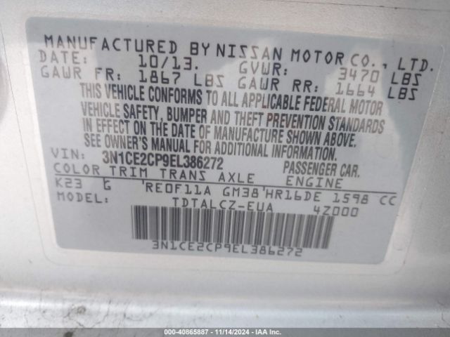 3N1CE2CP9EL386272 Nissan Versa Note S Plus