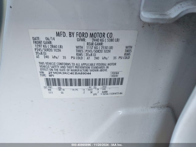 Ford Edge Limited 2014 2FMDK3KC4EBA89044 Image 9