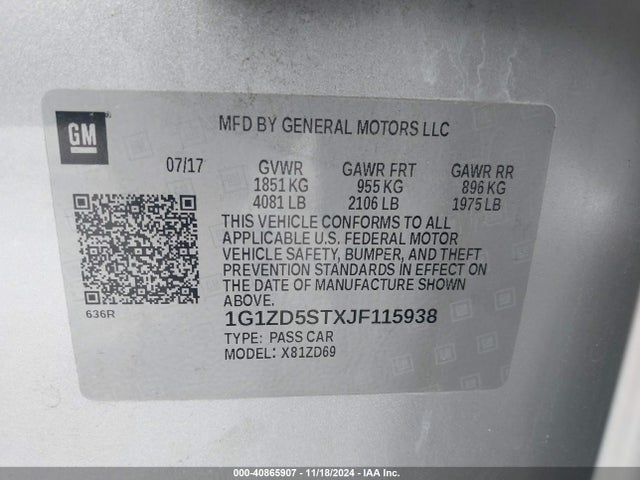 1G1ZD5STXJF115938 Chevrolet MALIBU LT