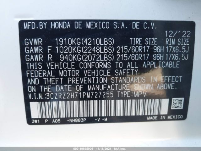 3CZRZ2H71PM727255 Honda Hr-v Awd Ex-l