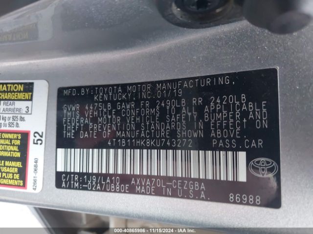 4T1B11HK8KU743272 Toyota CAMRY XLE