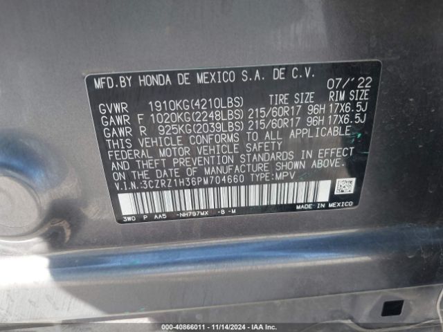 3CZRZ1H36PM704660 Honda Hr-v 2wd Lx