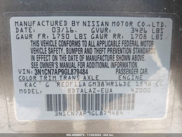 Aukcja sprzedaży 2016 Nissan Versa 1.6 S+, vin: 3N1CN7AP9GL879484, numer aukcji: 40866074