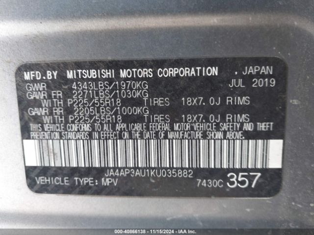 JA4AP3AU1KU035882 Mitsubishi Outlander Sport 2.0 Es