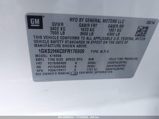 1GKS2HKC8FR176909 GMC Yukon Xl 1500 Slt