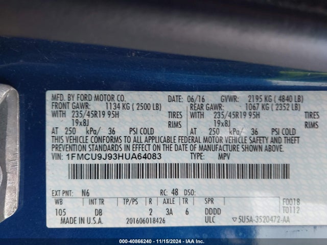 Ford Escape Titanium 2017 1FMCU9J93HUA64083 Image 9