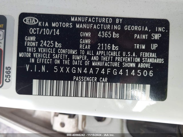 KIA OPTIMA EX 2015 5XXGN4A74FG414506 Image 9