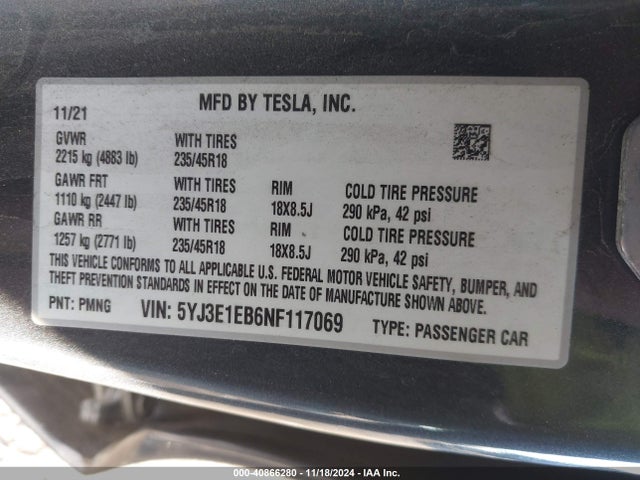 2022 TESLA MODEL 3 5YJ3E1EB6NF117069 Photo 8