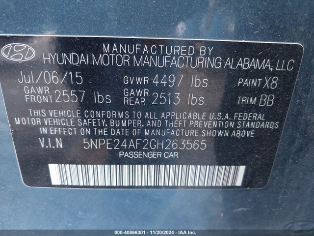 5NPE24AF2GH263565 Hyundai SONATA SE