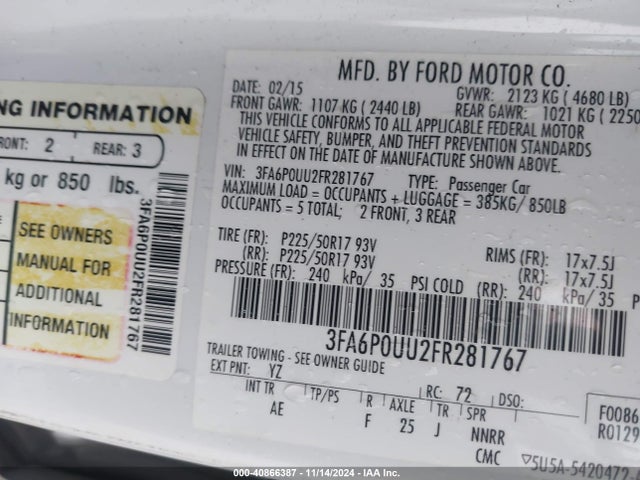 Ford Fusion Hybrid S 2015 3FA6P0UU2FR281767 Image 9