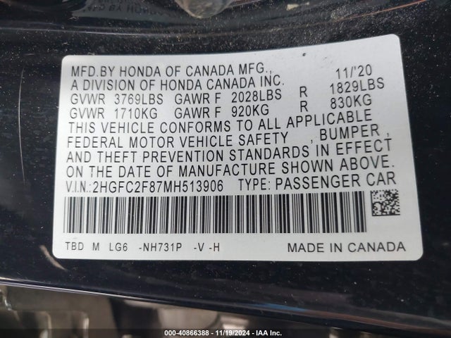 Honda Civic Sport 2021 2HGFC2F87MH513906 Image 9