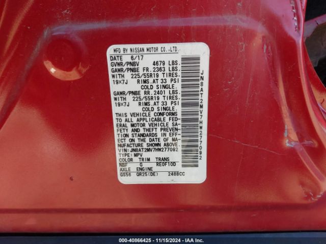 JN8AT2MV7HW277092 Nissan Rogue Sl