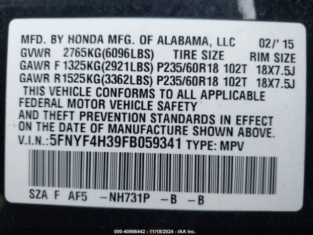 5FNYF4H39FB059341 Honda PILOT SE