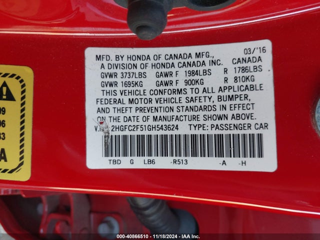 Honda Civic Lx 2016 2HGFC2F51GH543624 Image 9