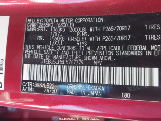 JTEBU5JR6L5767779 Toyota 4runner Sr5 Premium