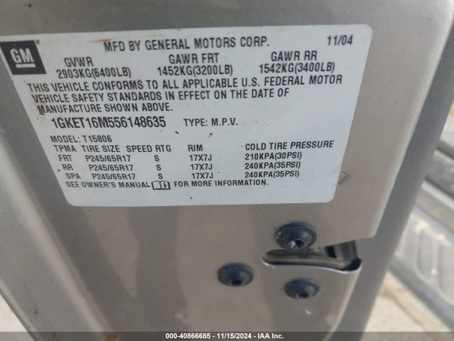 40866685 :رقم المزاد ، 1GKET16M556148635 vin ، 2005 Gmc Envoy Xl Sle مزاد بيع
