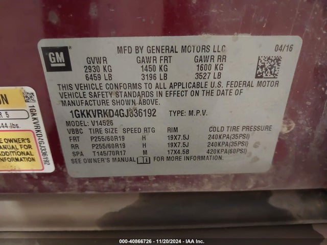 GMC Acadia Slt-1 2016 1GKKVRKD4GJ336192 Image 9
