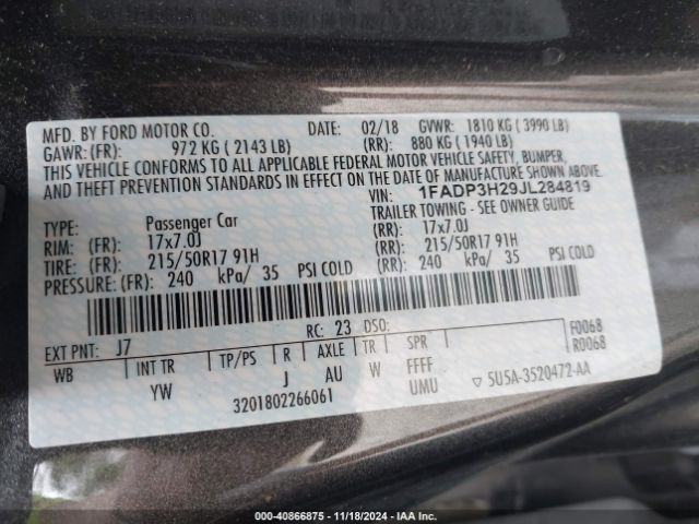 1FADP3H29JL284819 Ford FOCUS SEL