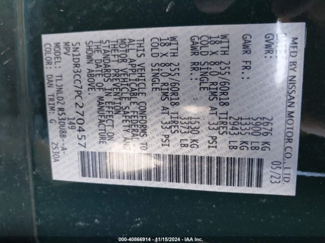 5N1DR3CC7PC270457 Nissan Pathfinder Sl 4wd