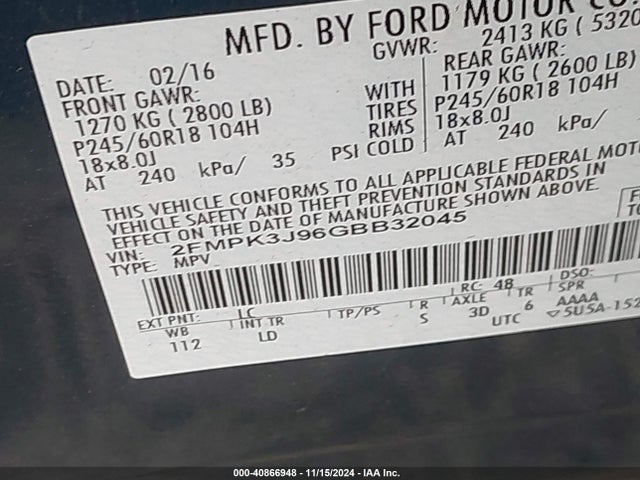 Ford EDGE SEL 2016 2FMPK3J96GBB32045 Image 9