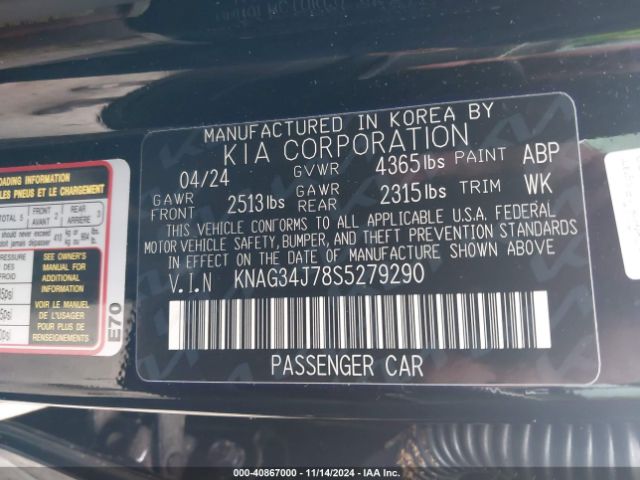 KNAG34J78S5279290 KIA K5 EX
