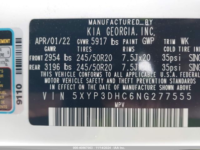 5XYP3DHC6NG277555 KIA Telluride Ex