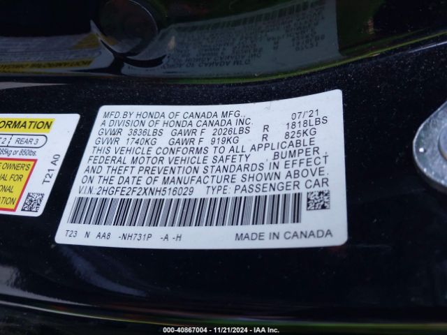 2HGFE2F2XNH516029 Honda Civic Lx