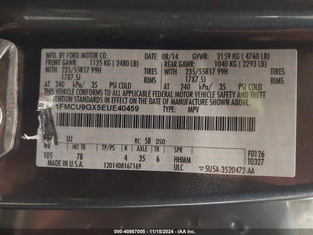 Ford ESCAPE SE 2014 1FMCU9GX5EUE40459 Image 9