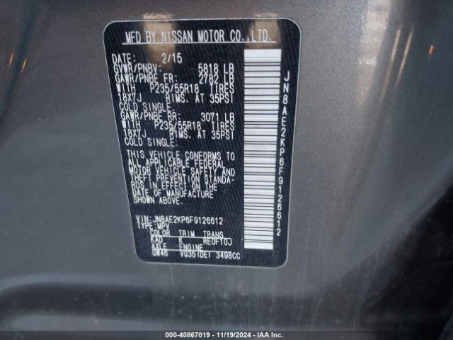 JN8AE2KP6F9126612 Nissan Quest Platinum/s/sl/sv
