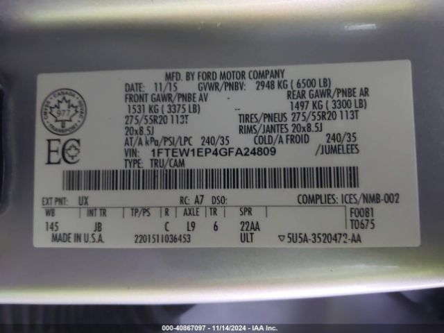 1FTEW1EP4GFA24809 Ford F-150 Xlt
