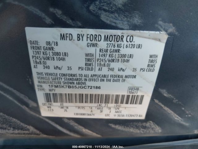 1FM5K7B85JGC72186 Ford Explorer
