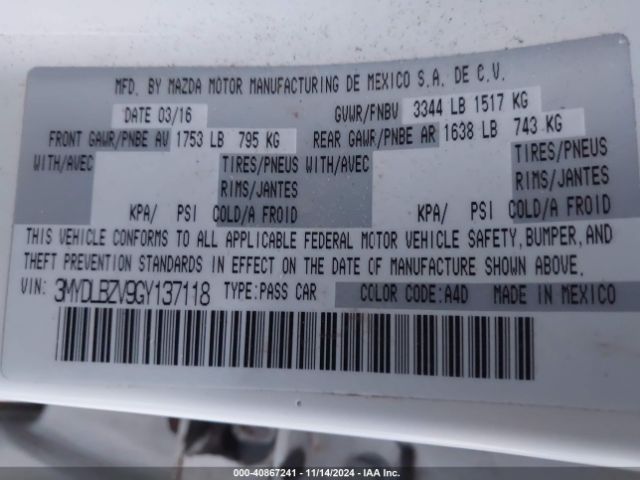 3MYDLBZV9GY137118 Scion IA