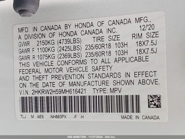 2HKRW2H59MH616421 Honda Cr-v Awd Ex